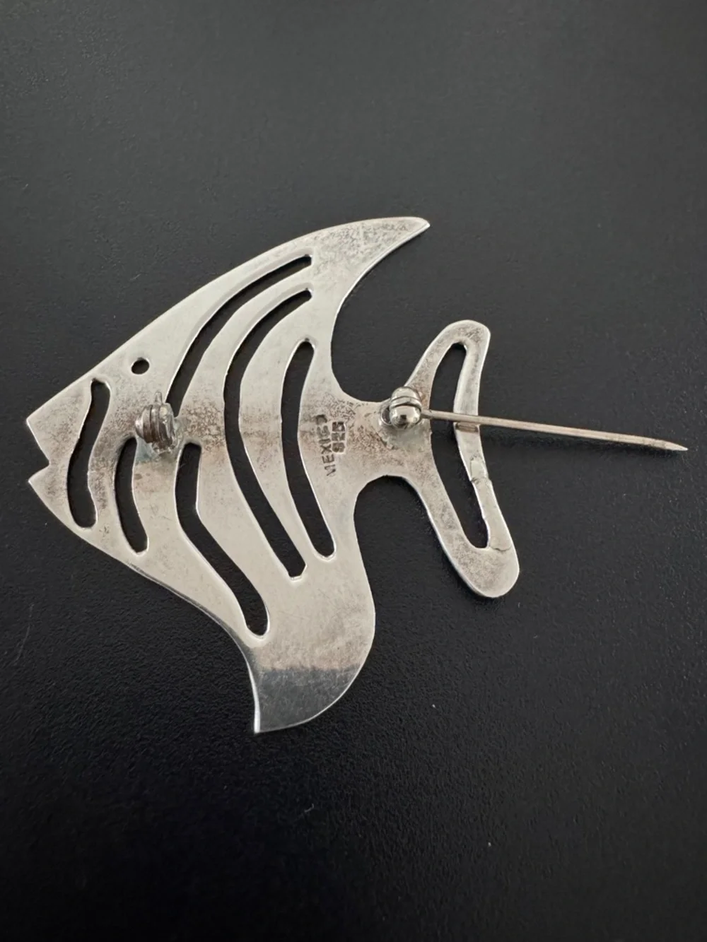 80s Vintage 925‎ Silver Mexico Angelfish Brooch Cutout Tropical Fish Pin